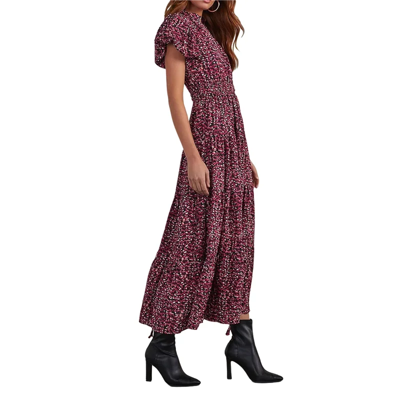 ABRT-Summer Maxi Dresses For Women 2025 Casual V Neck Puff Short Sleeve Smocked Flowy Beach Boho Long Floral Dress