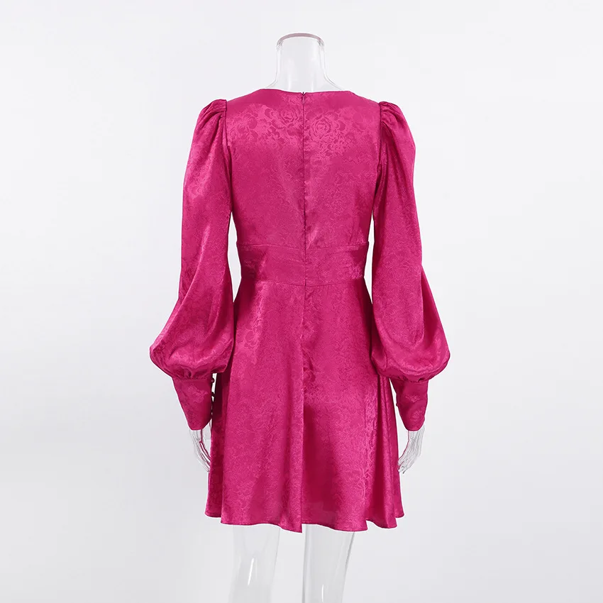 

Spicy Girl V-Neck Hollow Out Jacquard Dress Lantern Sleeve Short Dress for Women New Fashion Women's Sexy High Waist Dresses