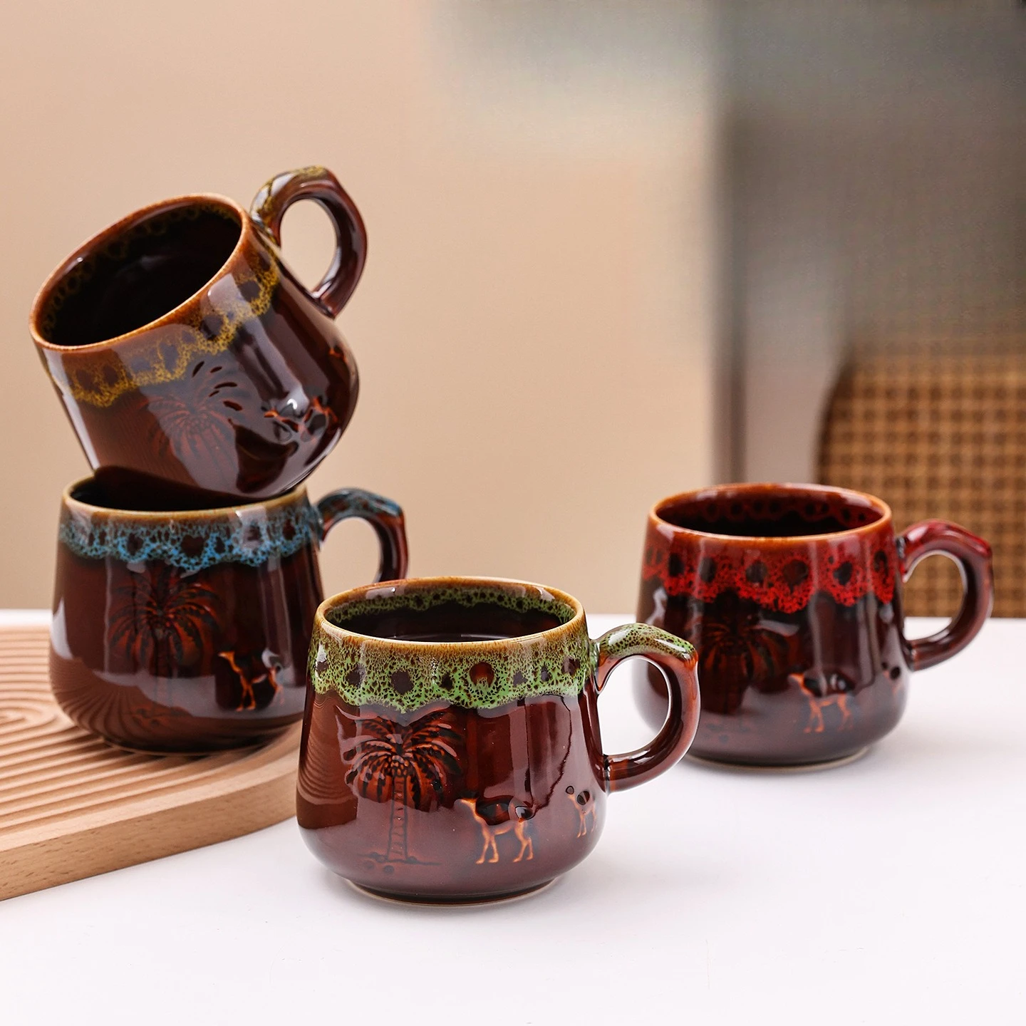 Retro Kiln Changed Ceramic Camel Coffee Mug Creative Desert Pattern Drinking Cup Souvenir Gift Household Daily Tableware