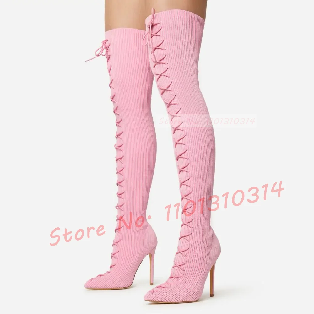 Pink Ribbed Knit Thigh High Boots Women Lace Up Pointed Toe Streetwear High Heels Shoes Warm Spring Female Elegant Long Boots