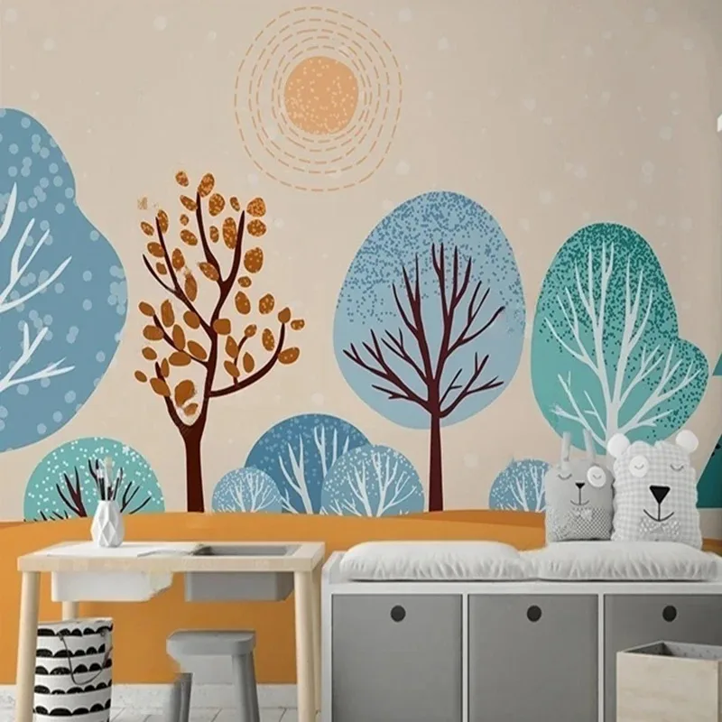 3D Hand-painted Cartoon Sky & Forest Wall Mural for Kids Room Study Bedroom Background Wallpaper Home Decor Wall Art Painting