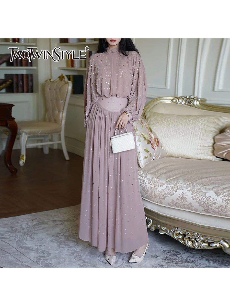 

TWOTWINSTYLE Solid Spliced Hot Fix Two Piece Sets for Women Stand Neck Long Sleeves Top High Waist Skirt Elegant Set Female New