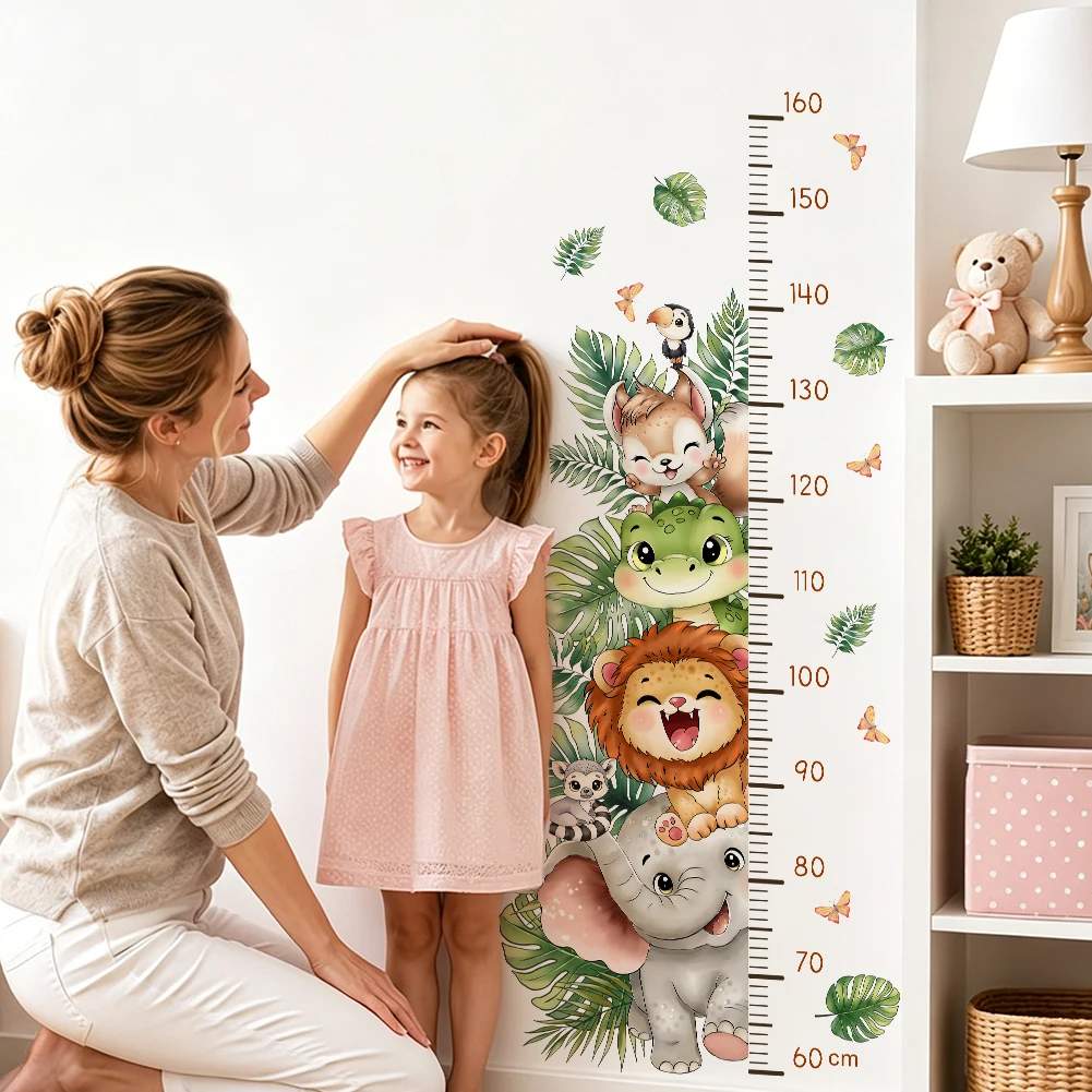 Jungle Animal Growth Chart Wall Sticker Kids Height Measure Ruler Removable Self‑adhesive Nursery Bedroom Wall Art Decal