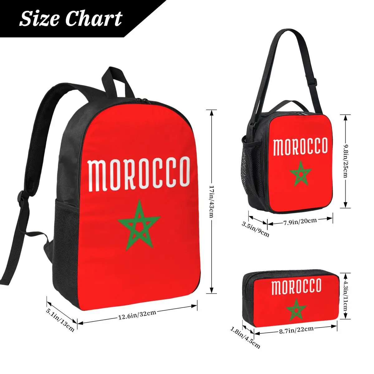 Flag Of Morocco Moroccan Flag Backpack Boys Girls BookBag School Bag Computer Shoulder Bags 3ps Insulated Lunch Bag Pencil Case