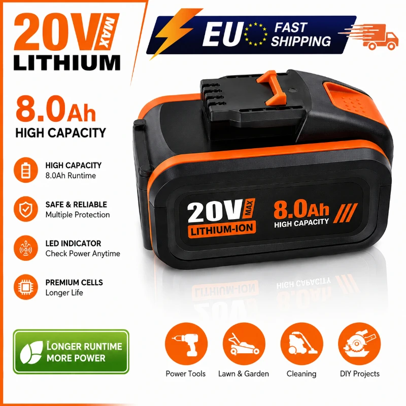 Batteria agli ioni di litio ad alta capacità 20V 8.0Ah, ricambio compatibile con gli utensili elettrici Worx WX390 WX176 WX166.4 WX372.1 WX800 WX678 WX550 WX532 WG894E WG629E WG329E. Pacco batteria
