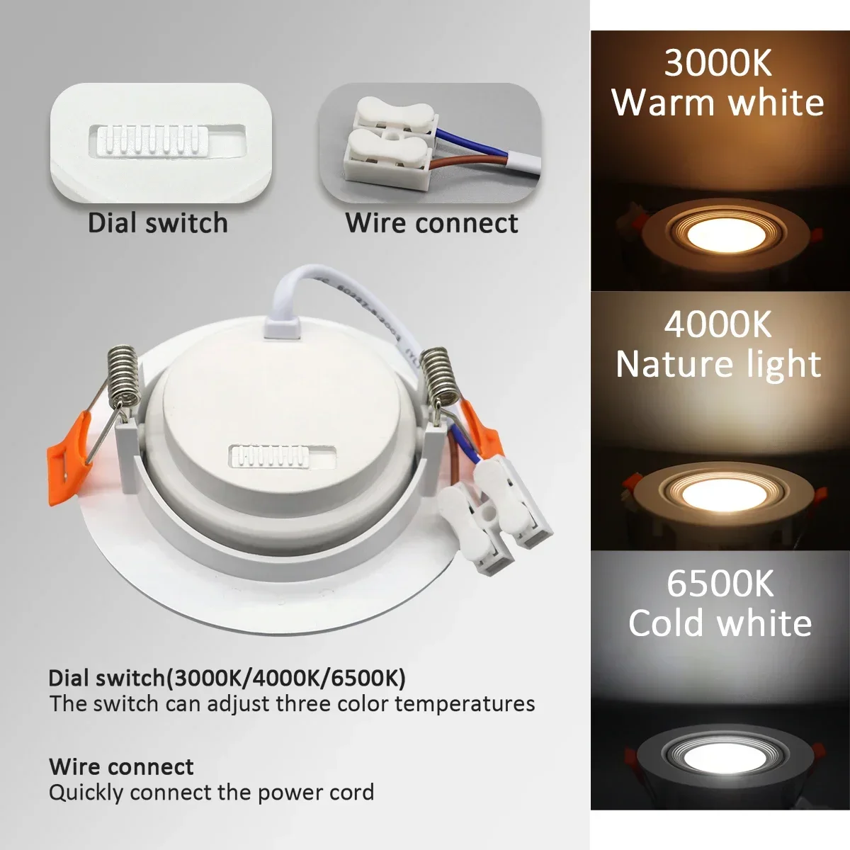 90 ° ângulo ajustável LED Projectores de teto, escurecimento tricolor, Downlight embutido para quarto, casa, Dial Switch, AC 220V, 110V, 8PCs