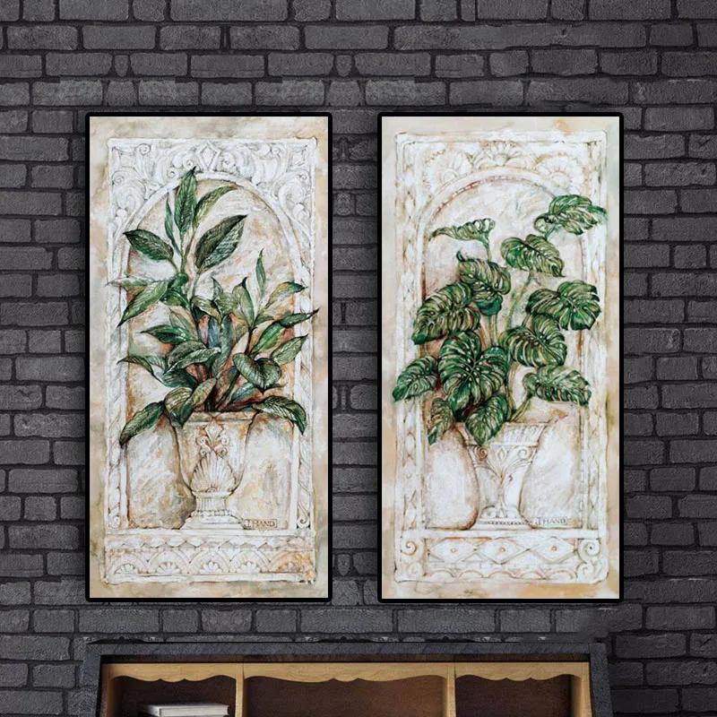 Green Leave Plant Flowerpot Oil Panting on Canvas Posters and Prints Modern Scandinavian Nordic Art Wall Picture for Living Room