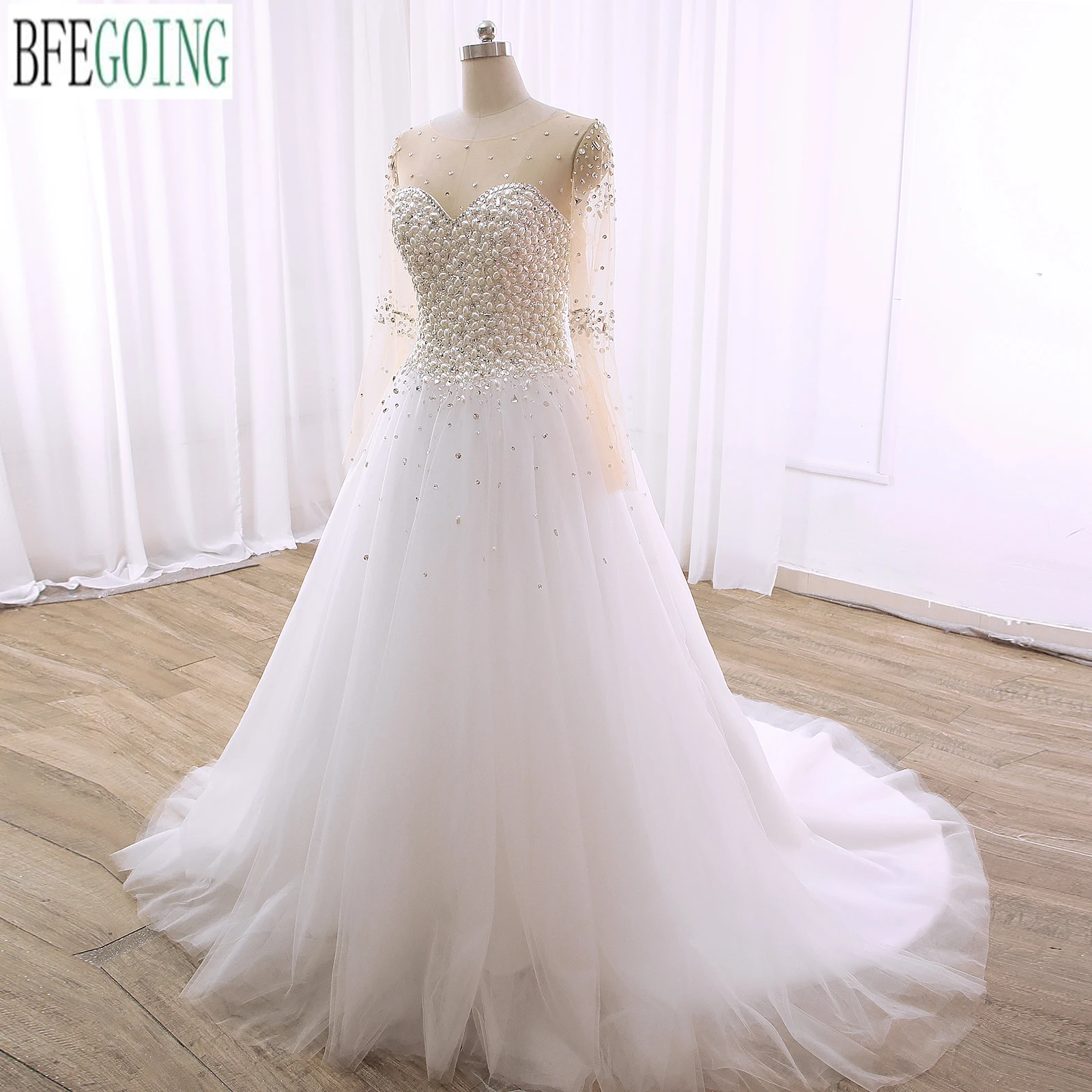 A-Line Wedding Dresses Chapel Train Customized Long Sleeves Floor-Length Skirt Layered Bridal Gowns