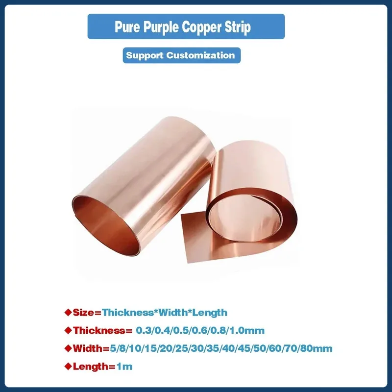 1M Pure T2 Copper Strip 0.3-1mm Thick 5-80mm Wide Red Copper Sheet for Electrical & DIY Projects