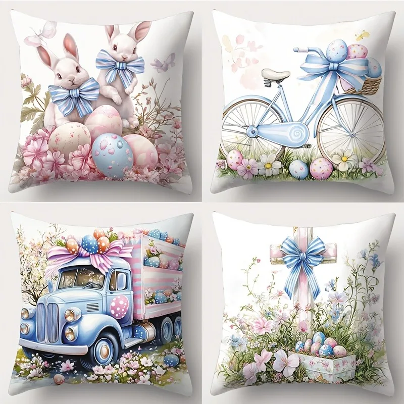 Short plush material pillowcaseHappy Easter decoration pillowcase home room decoration bowknot Rabbit truck egg print living roo