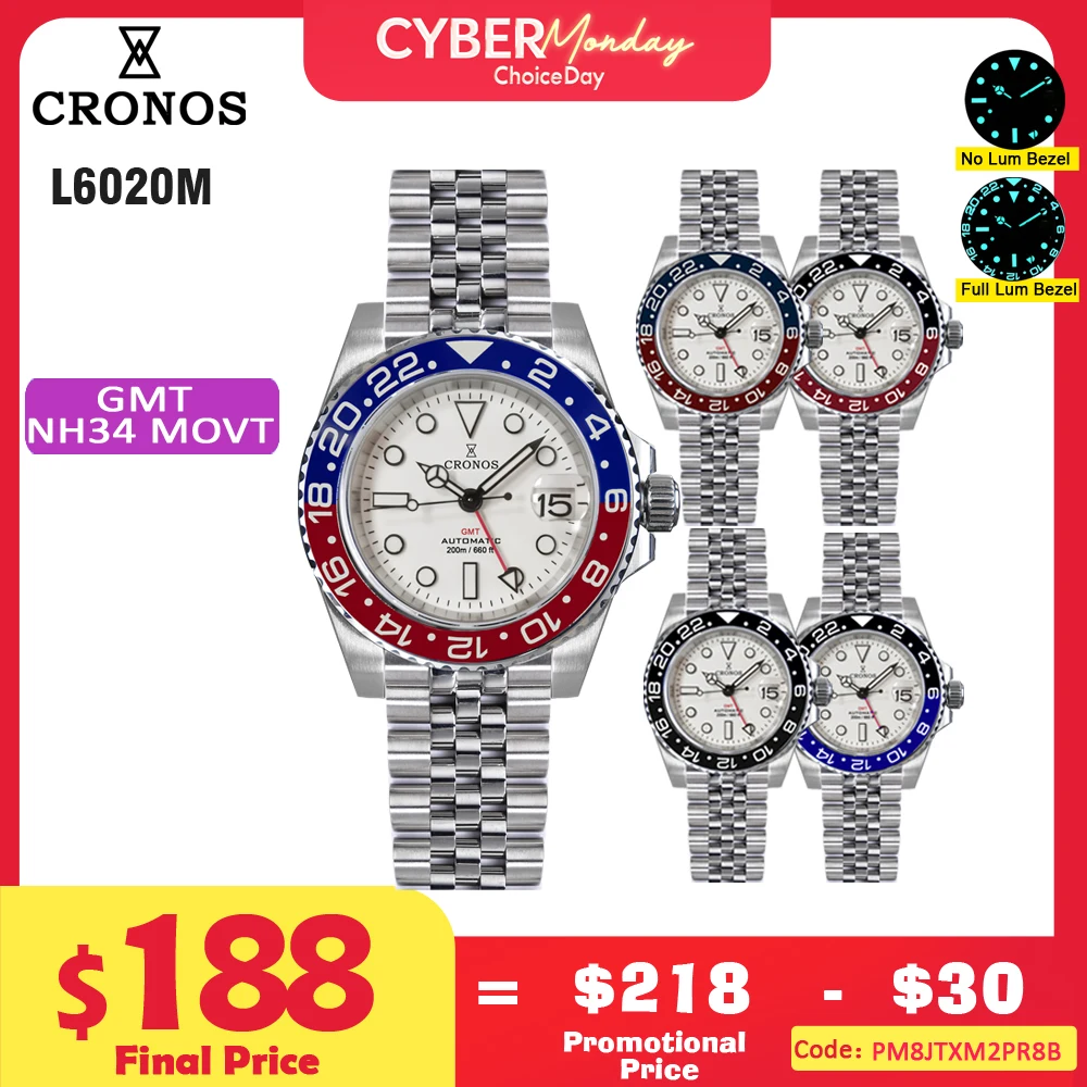 Cronos GMT NH34 Automatic Men Watch White Dial Bidirectional Bezel Sapphire 20 ATM Solid 5 links Metal Bracelet BGW-9 Lum