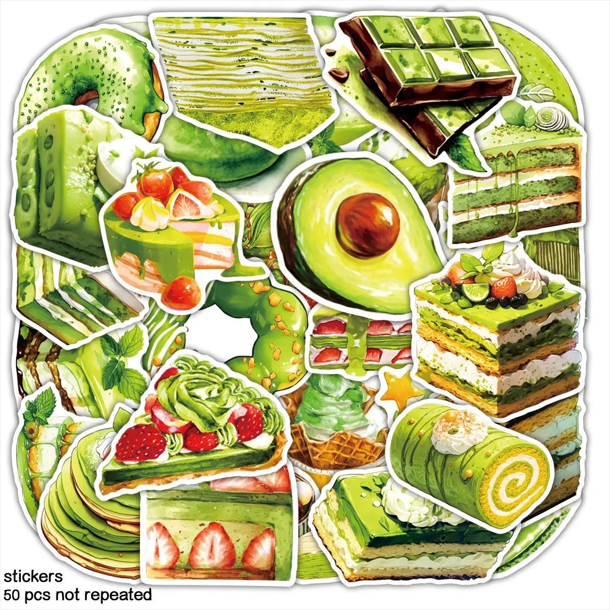 

50PCS Green Matcha Cake Ice Cream Dessert Cartoon Decorative Luggage Water Cup Laptop iPad Waterproof Stickers Kids Toy