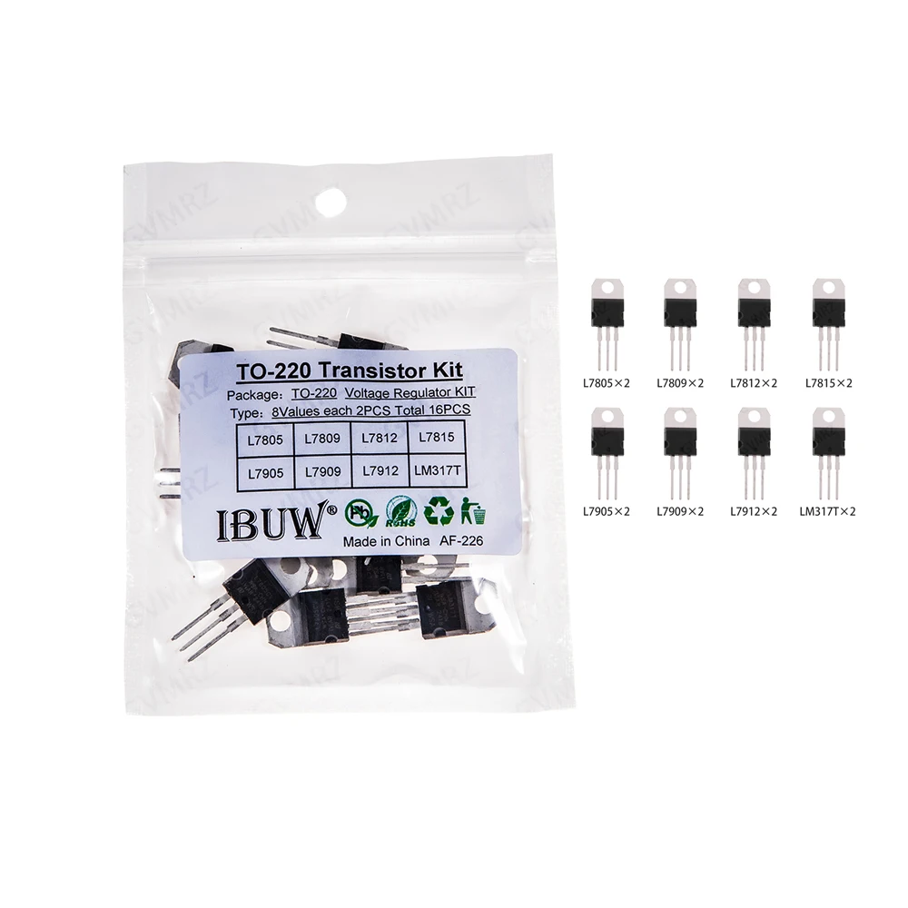 16PCS 8Values TO-220 Transistor Kit (L7805/L7812/LM317T etc.) Voltage Regulator for Industrial Power Supply DIY Project L7812/05