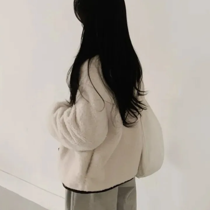 معطف نسائي أنيق غير رسمي فضفاض طويل Sve من فرو الضأن الكوري Sle للخريف والشتاء متعدد الاستخدامات للتخسيس اللون بياقة Blo... #5