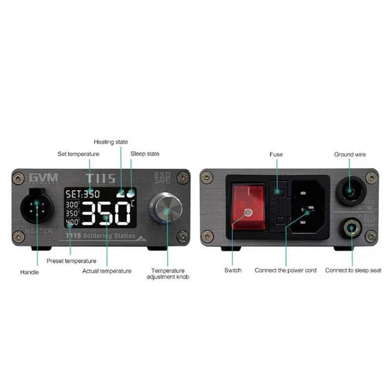Stazione di saldatura GVM T115 45W saldatore riscaldamento rapido Auto Sleep per riparazione PCB stazione di saldatura a temperatura costante