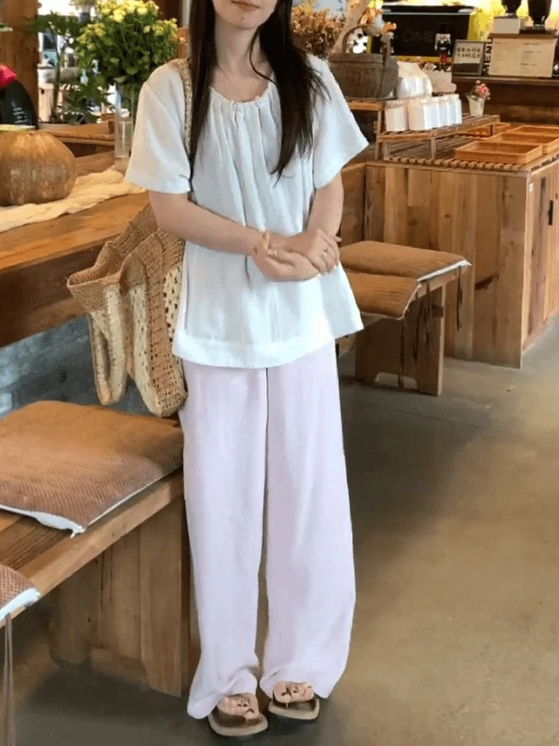 

Summer Casual Polka Dot Wide Leg Pants Set Women's Design Sense Pleated Short Sleeve T-Shirt Top Print Two Piece Set