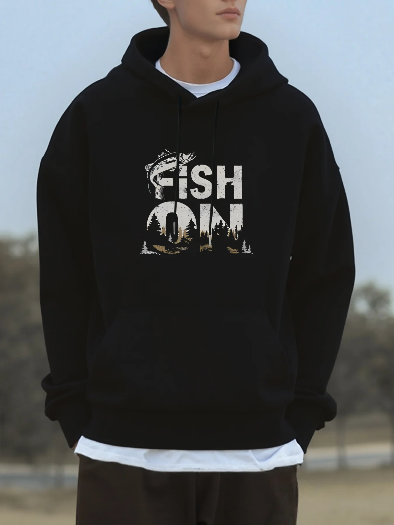 Men Fish On Graphic Hoodie Vintage Fishing Bass Fish Forest Print Hooded Sweatshirt Outdoor Casual Pocket Oversized Pullover