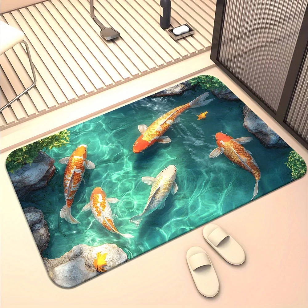 1pc 3D colorful koi fish pond mat polyester fabric non-slip machine washable suitable for bathroom, bedroom, living room