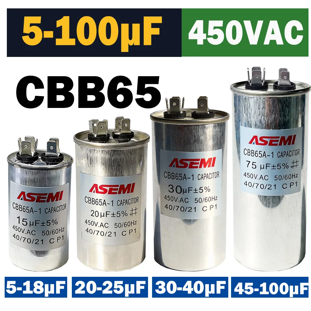 35uF 25uF 20uF 100uF 40uF 45uF 10uF 15uF 5uF CBB65 450V AC Motor Run Capacitor for Air Conditioner Compressor Start Capacitor