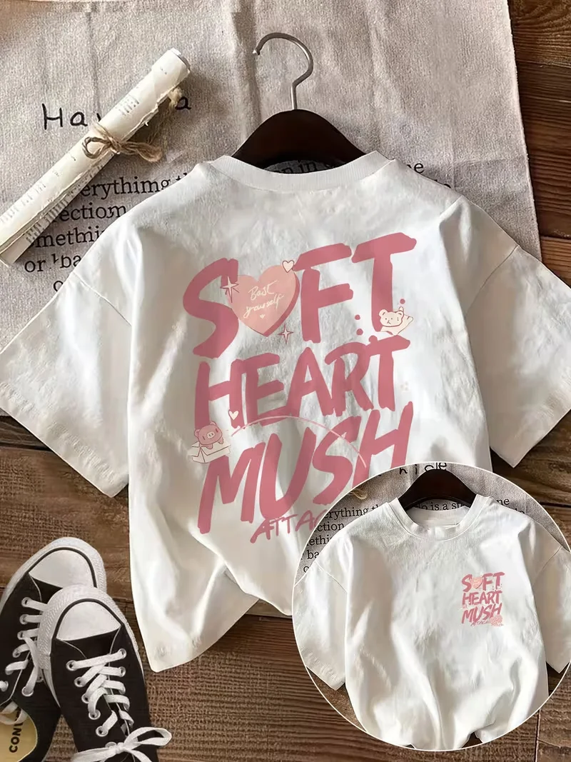 Camiseta con estampado Sweet Soft Heart Mush, cuello redondo, manga corta, camiseta con gráfico de amor rosa, ideal para ocasiones informales de fin de semana en verano