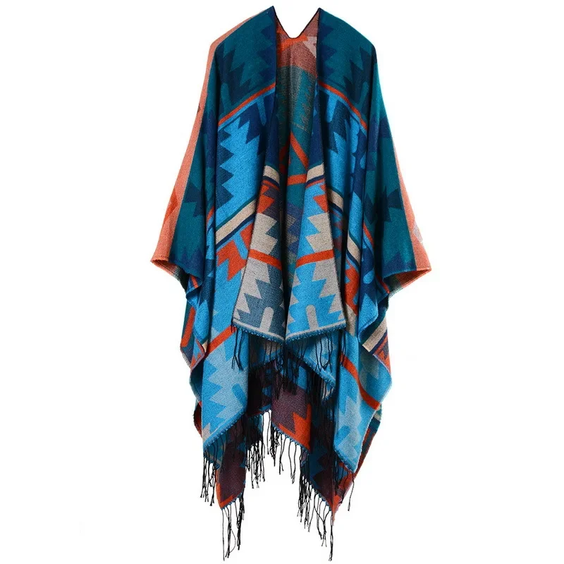 

Geometric Lozenge Lengthened Thickened Shawl Cashmere Cloak Ethnic Style Travel Cape for Women