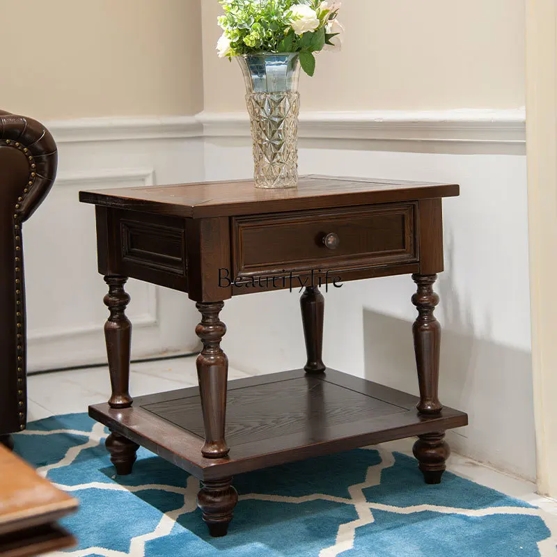 

American retro living room solid wood retro simple square coffee table side cabinet coffee table
