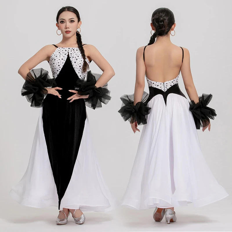 

Платье для бальных танцев для взрослых, черно-белые длинные платья в горошек, вальс, костюм для выступлений в социальный танцевальный костюм, одежда для выпускного вечера 2747