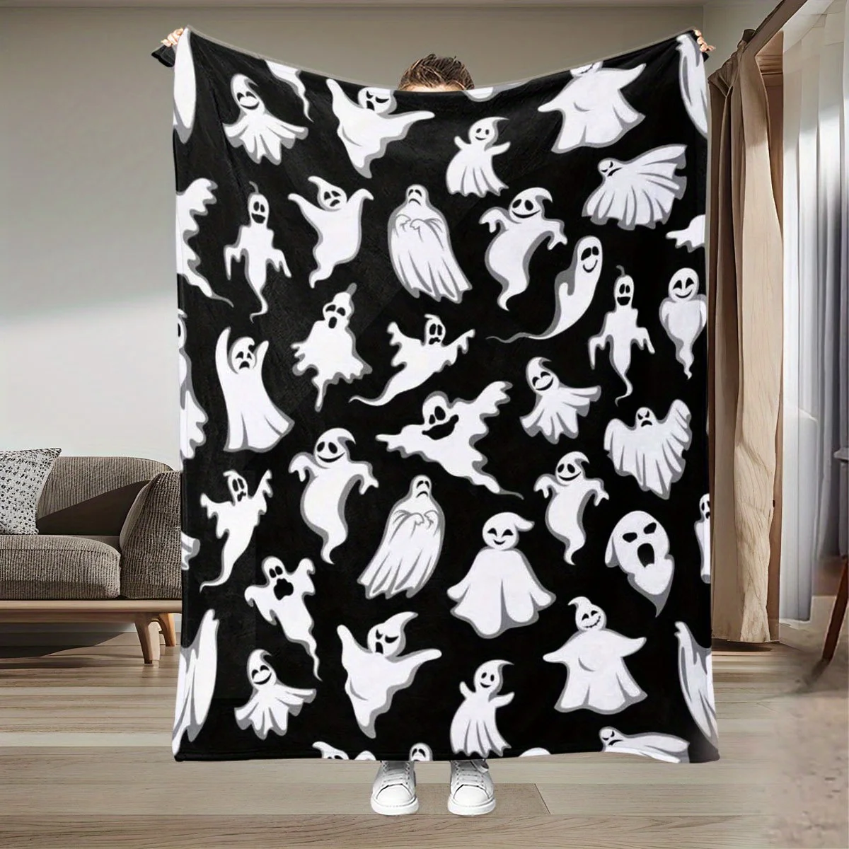 

1 шт. милое одеяло с призрачным принтом, полиэфирная ткань, можно стирать в машине, подходит для украшения спальни и гостиной.