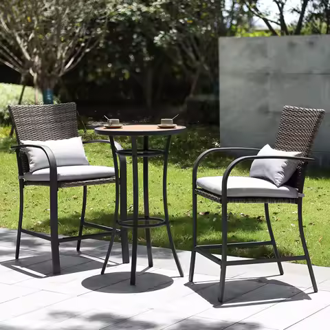 NAGA BAHNA 3pcs Patio Bar Set with Soft Cushion, Rattan Wicker Outdoor Furniture Set for Backyards, Lawn, Deck, Poolside