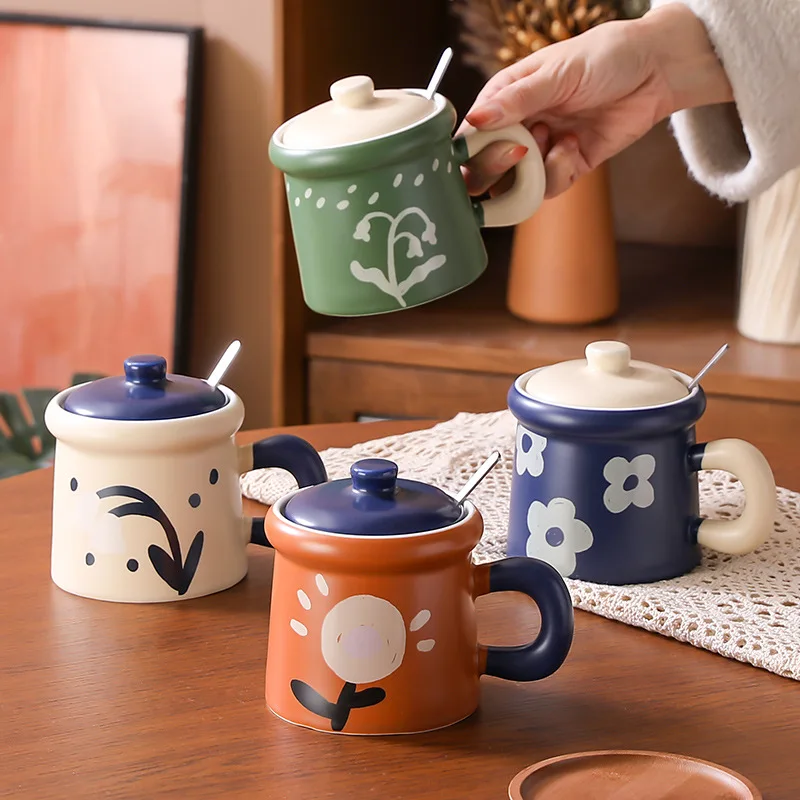 

Vintage Oil Painting Series Ceramic Cup with Underglaze Lid Coffee Cup Office Drinking Cups Heat-resistant Creative Gift