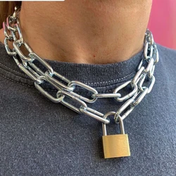 Retro Punk Fashion Exaggerated Thick Chain Necklace Simple New Couple Multi-Layer Lock Necklace Unisex Jewelry Accessories
