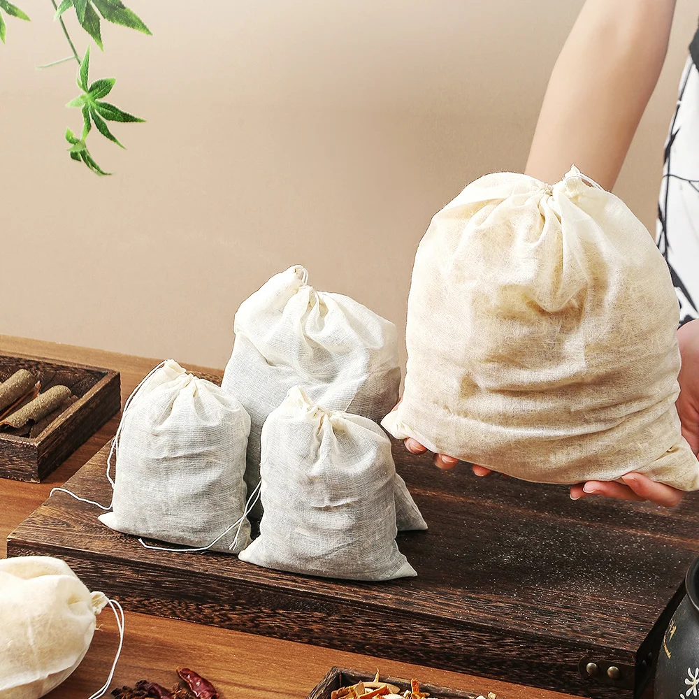 50Pcs Cotton Gauze Drawstring Filter Bags for Tea Herbs Spices Soup Broth Seasoning Strainer Pouch Reusable Kitchen Cooking Bags