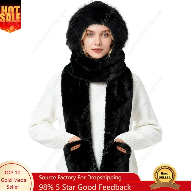 

Hooded Scarf for Women Winter - Faux Fur Hat Scarf Gloves 3 in 1 Set Soft Thick Warm