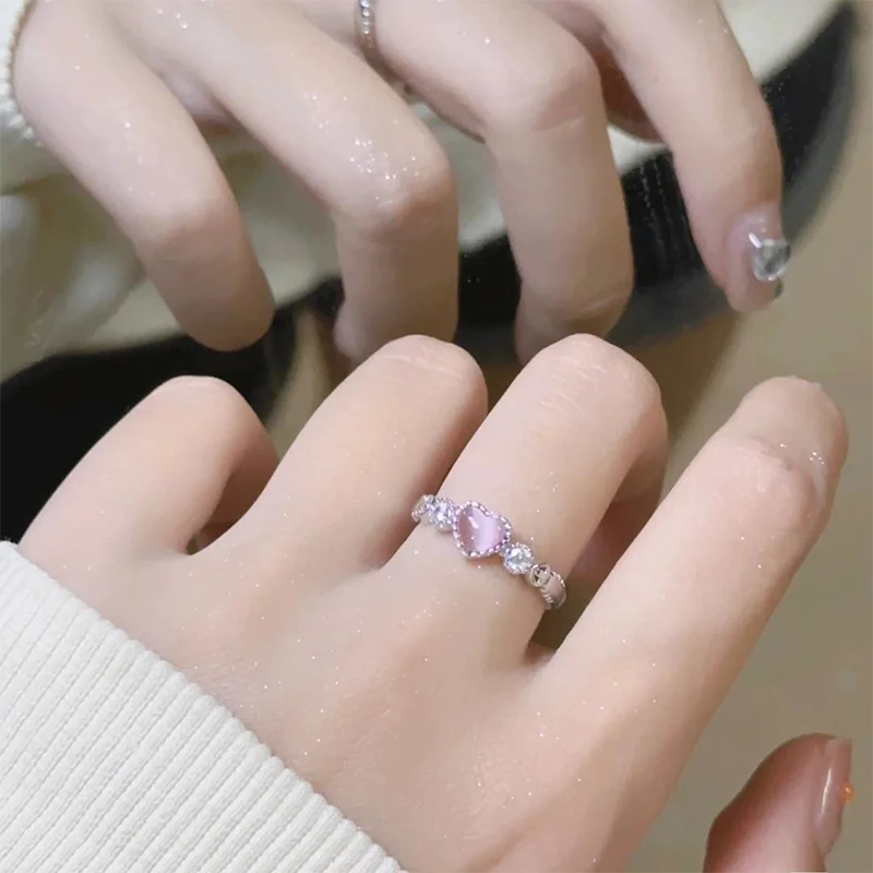 Vintage Silver Pink Heart Opal Ring Cute Punk Style Creative Women's Finger Ring Charm Jewelry Accessory