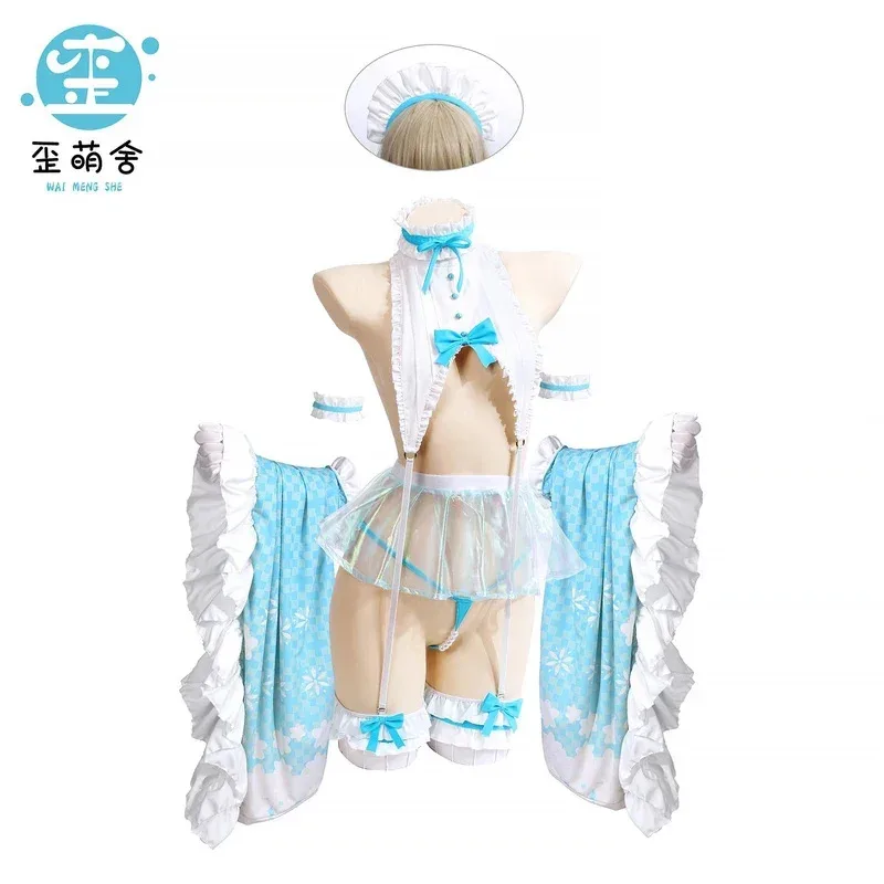 NewDishwasher Itinose Asena Cosplay Costumes Itinose Asena Sweet Maid Dress Blue Bikini  Anime Cosplay Transparent skirt kimono2