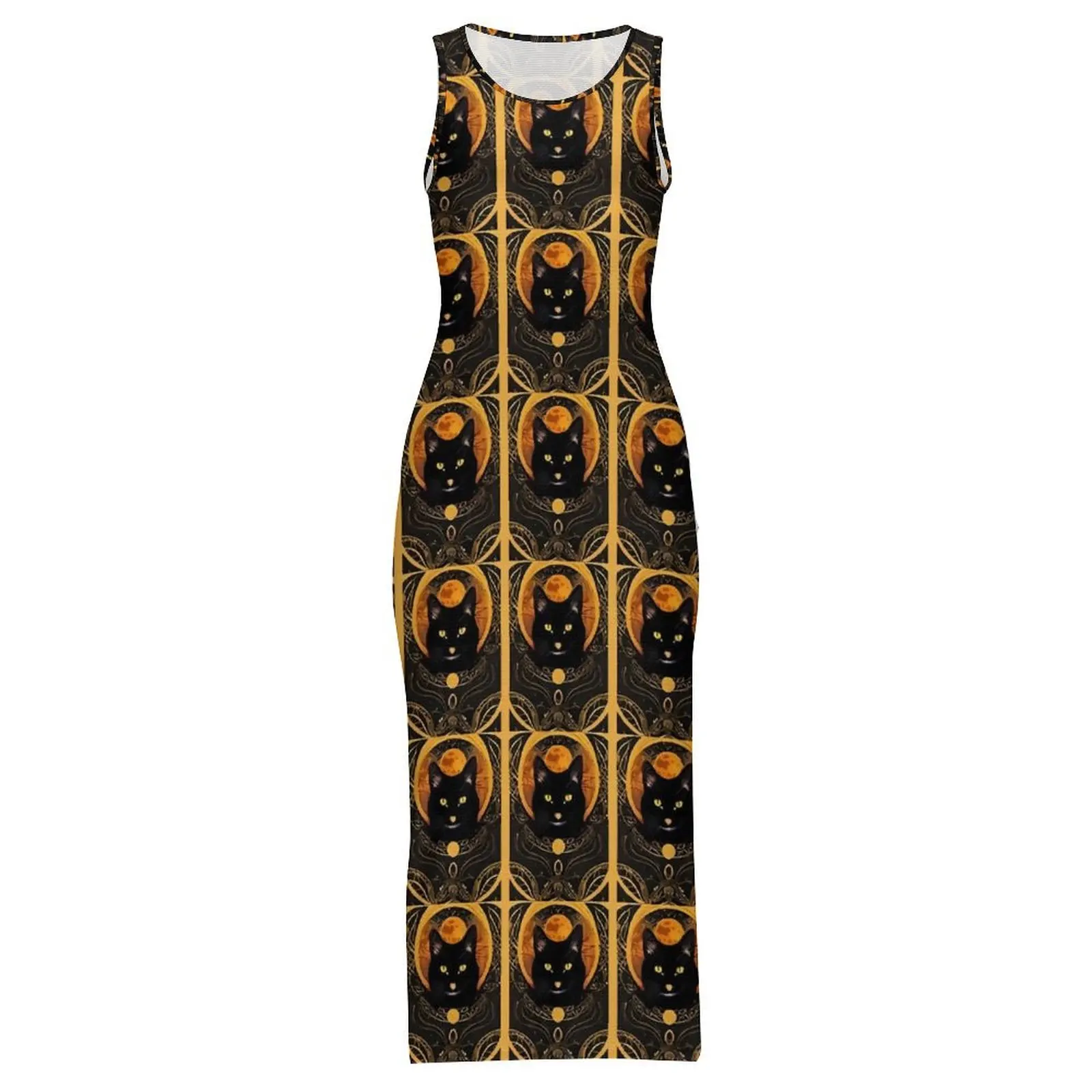 Abito con stampa di carte tarocchi senza maniche vintage gatto nero streetwear maxi abiti casual abito aderente design da donna abiti oversize