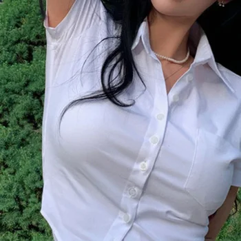 크롭 베이직 블라우스, 한국 오피스룩, 편안한 프레피 스타일, 섹시한 반팔, 부드러운 여름 상의, 패션