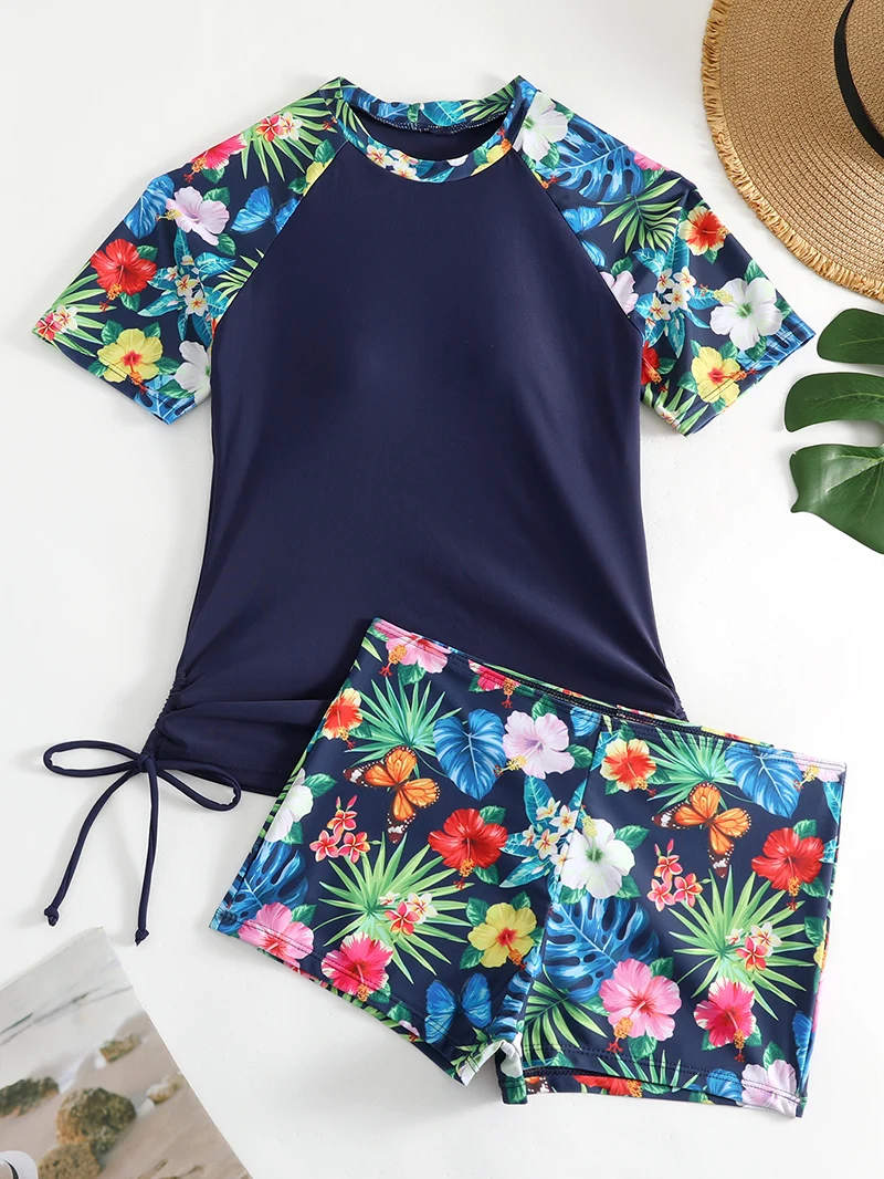 Tropical Plant Print Drawstring 2 Piece Set Rush Guard Tankini Short Sleeve Crew Neck Stretchy Sun Protection Patchwork Swimsuit image 5