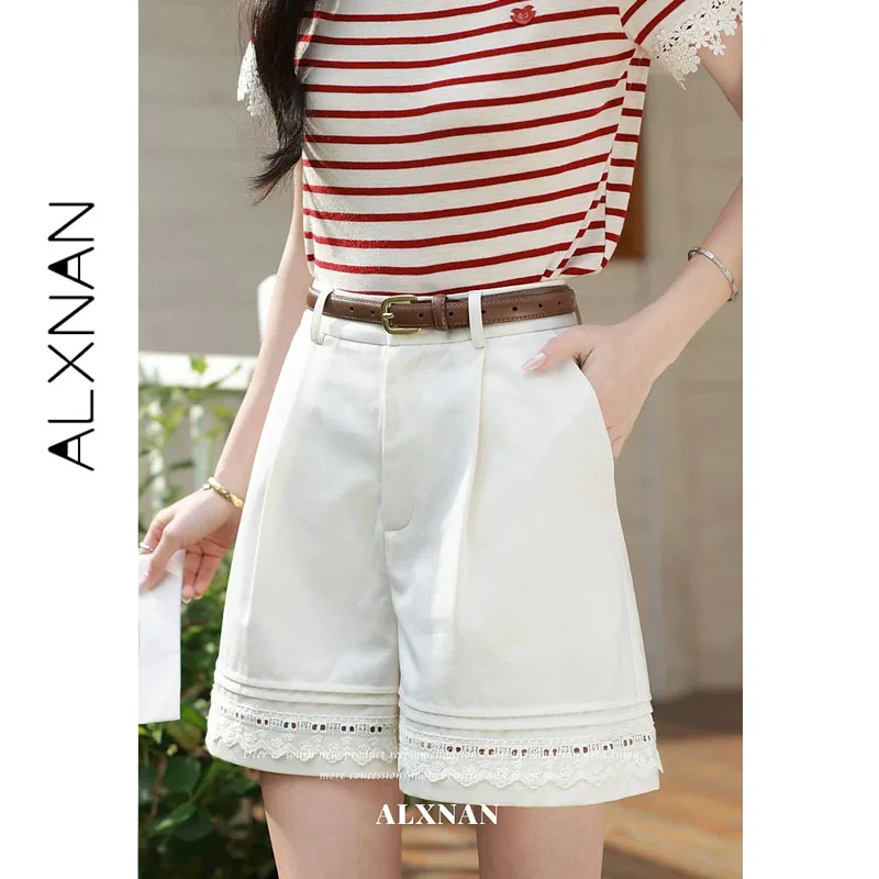 

ALXNAN Women's Shorts High Waist Loose-fit Wide Leg Shorts Ruched Detail Lace Trim Minimalist Summer Casual Short Pants L63208