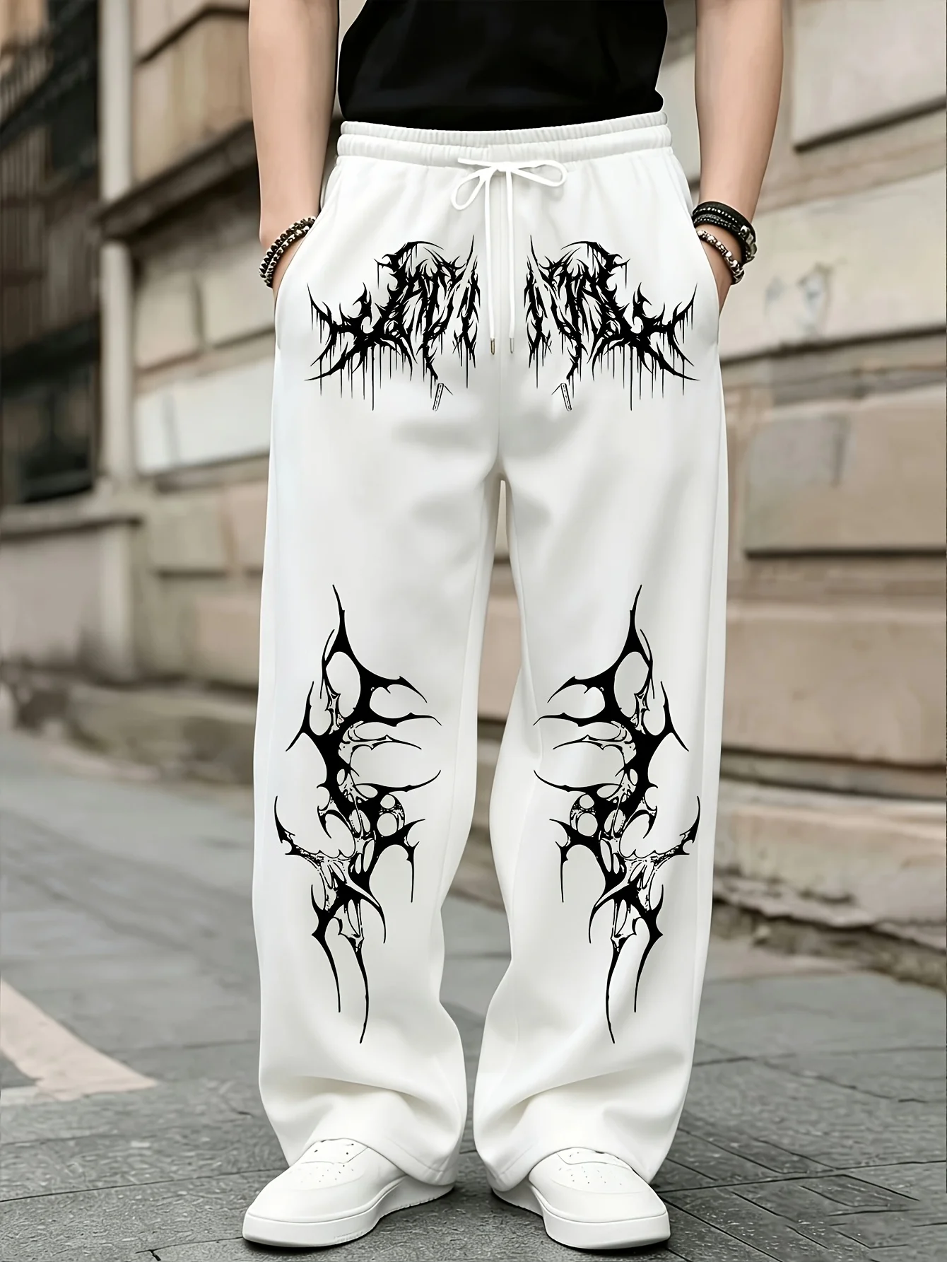 Men's Dark Gothic Metal Rock Print Straight‑Leg Pants, Casual Drawstring Joggers, Hip Hop Streetwear Daily Wear Trousers S‑3XL