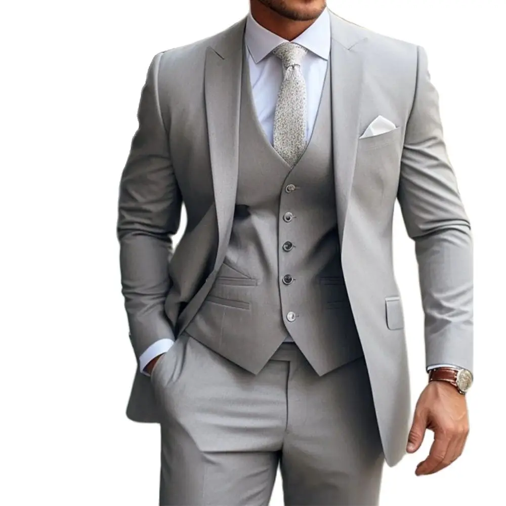 Luxury Men\'s Suits Bespoke Grey Costume Homme Slim Fit Formal Wedding Outfits 3 Piece Jacket Pants With Vest Custom Made 2024