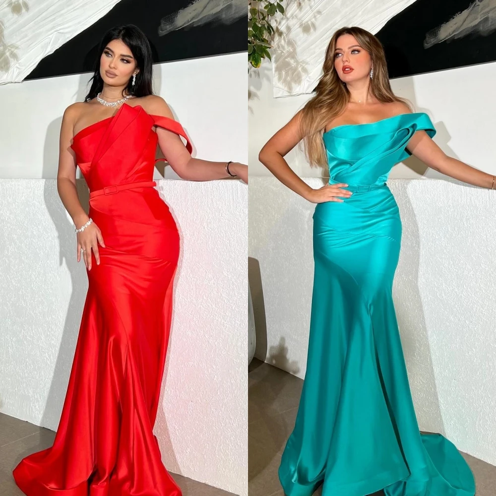 

Fashion Elegant One-shoulder Mermaid Cocktail Dresses Hugging Fold Skirts Sweep/Brush Satin Evening robes de cocktail