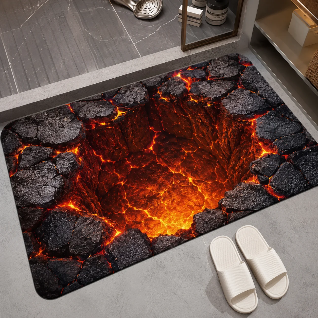 Non-Slip Doormat 3D Optical Illusion Lava Volcano Rugs Entrance Mat Waterproof Fire Lava Print 3D Bath Doormat Hallway Bathroom