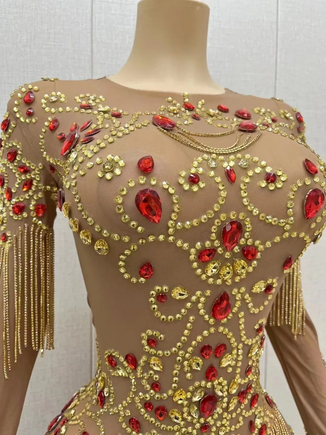 Robe de Scène Sexy avec Strass Rouges et Dorés, Tenue de Cérémonie de Remise de Diplôme, Club, Manches sulf, Chanteur, Photoshoot