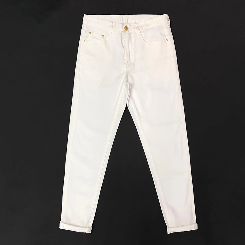 Jeans di lusso leggeri con design stampato alla moda da uomo, abbigliamento da uomo di fascia alta, pantaloni casual elasticizzati slim fit a gamba piccola