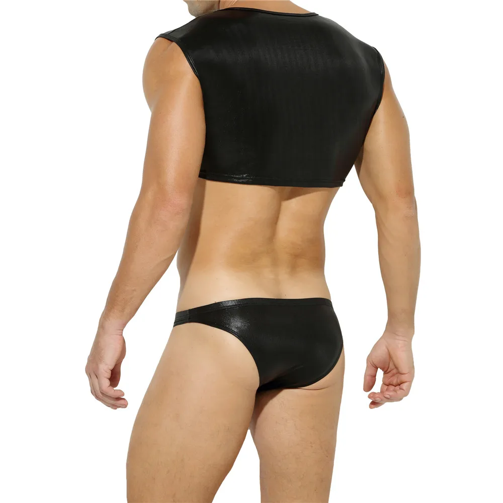 FYXLJJ Sexy Faux Leather Underwear Men Crop Tops Briefs Set Male PU Leather Tank Top Nightwear Erotic Lingerie Vest Shorts Panty
