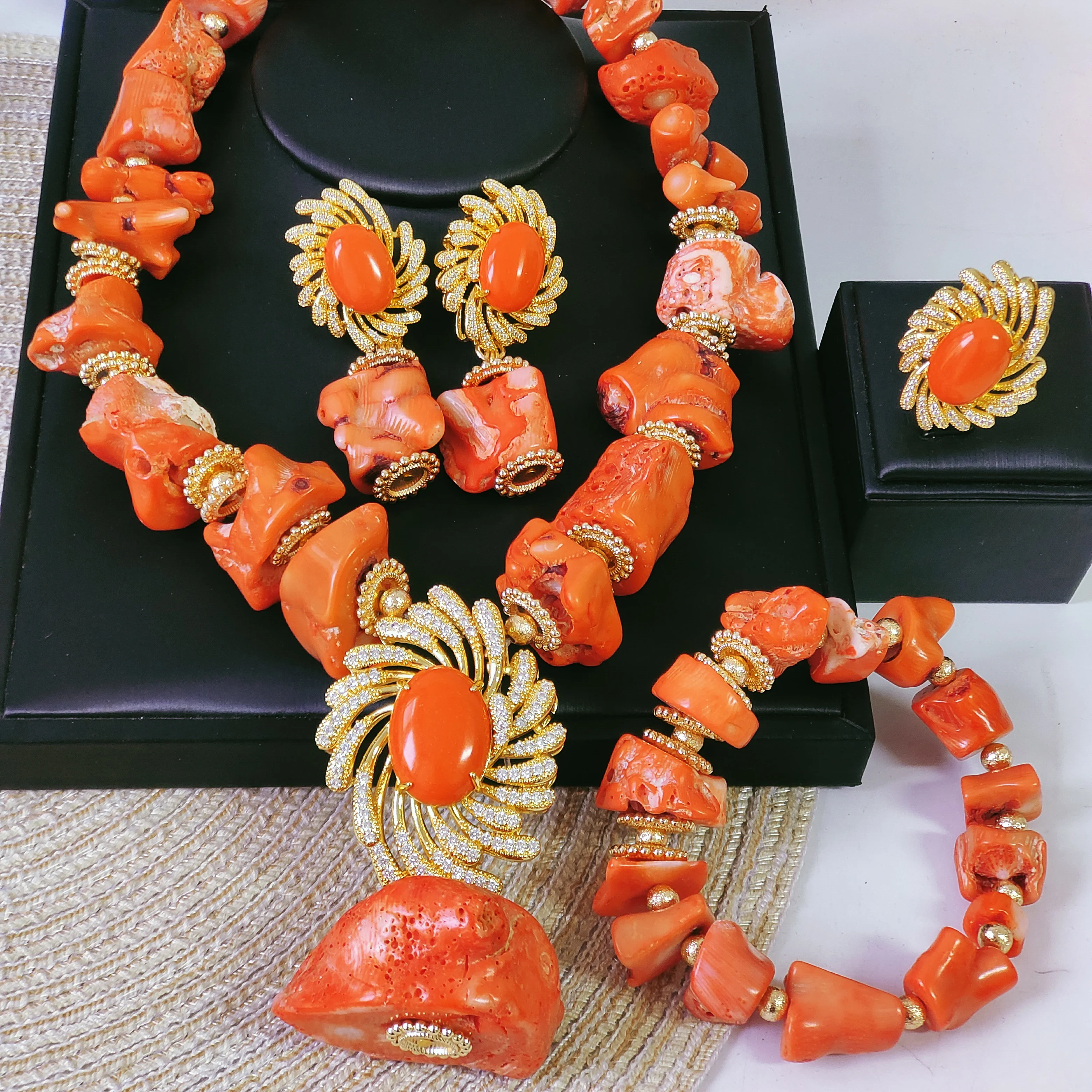 African Fashion Real Coral Beads Wedding Jewelry Necklace Set Nigeria Bridal Accessories