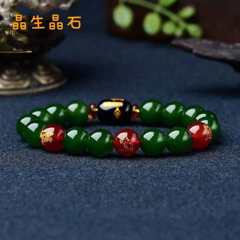 

ANGLANG Natural Green Agate Benmingnian Big Year Triple Chinese 12 Zodiac Bracelet Green Jade Amulet Prayer Hand String Couple