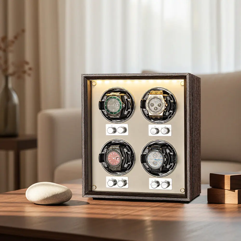 Virtorix 4 Slots Watch Winder Walnut Wood Mabuchi Silent Motor Anti-magnetic Automatic Watch Rotator with LED Light Watch  Box