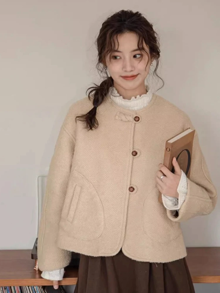 

Missuoo 2025 Autumn Fashion Women's Wool-like Cropped Jacket Round Neck Buttoned Sweet Coat for Girls Casual Chic Outerwear